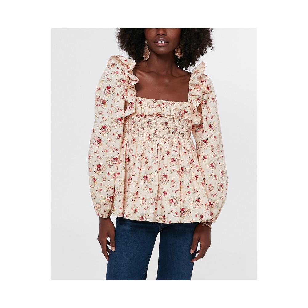 Hyacinth House Floral Ruffle Sleeve 'Addison' White Cotton Blouse Size M